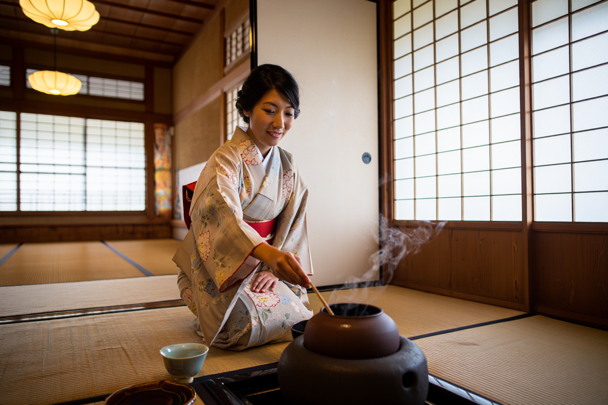 A host performing a traditional Japanese tea ceremony